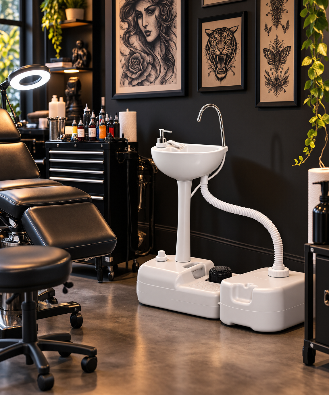 OUDO installé dans un studio de tatouage, près du fauteuil